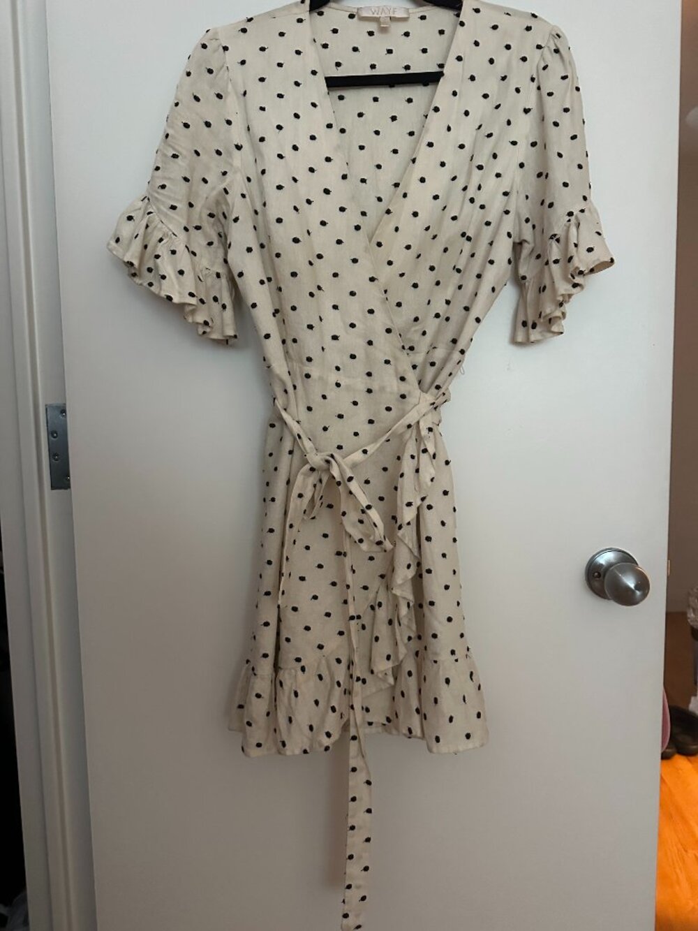 WAYF Ivory Black Polka Dot Wrap Mini Dress Ruffle Hem Size L